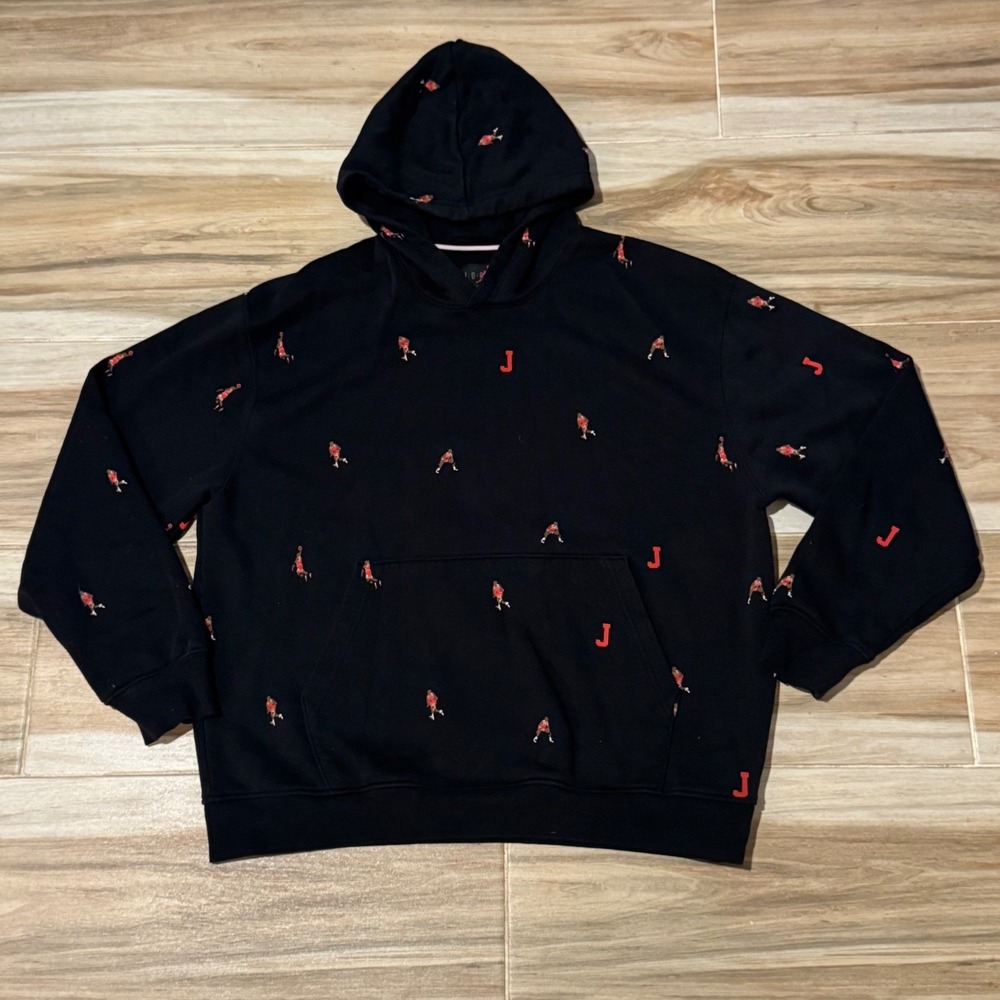 Jordan Brand All Over Embroidered Michael Jordan Hoodie Black Red Mens Large